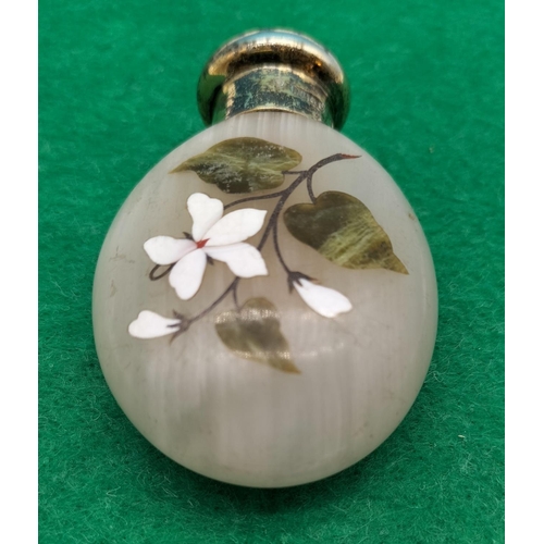 82 - Inlaid Polished Stone Silver Topped Perfume Bottle. London Hallmark 1890.