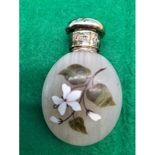 82 - Inlaid Polished Stone Silver Topped Perfume Bottle. London Hallmark 1890.