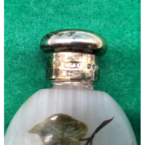 82 - Inlaid Polished Stone Silver Topped Perfume Bottle. London Hallmark 1890.