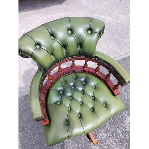 115 - Chesterfield Green Leather Captains Chair. 86cm High, 61cm x 70cm. Seat Height 45cm. Arm Height 68cm... 