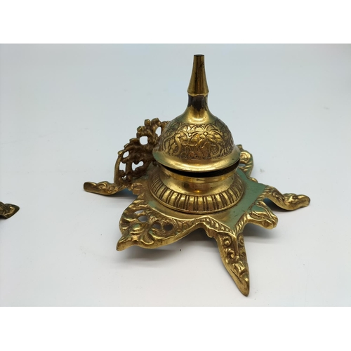 38 - Brass Inkwell (11cm High, 15cm x 14cm) plus Desk Stamp Box (5cm high, 9cm x 15cm).