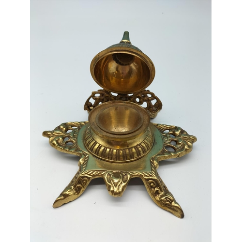 38 - Brass Inkwell (11cm High, 15cm x 14cm) plus Desk Stamp Box (5cm high, 9cm x 15cm).