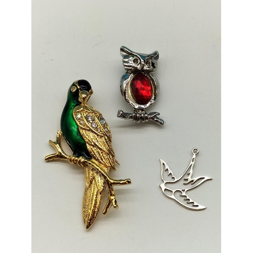 59 - Owl and Parrot Brooches plus 925 Silver 'Swallow' Pendant. 3cm Long.