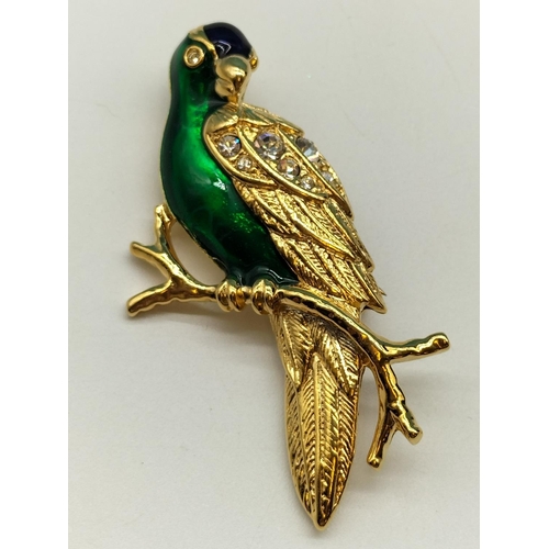 59 - Owl and Parrot Brooches plus 925 Silver 'Swallow' Pendant. 3cm Long.