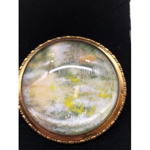 761 - Vintage Hand Painted Brooch under Domes Glass by Thomas L Mott.