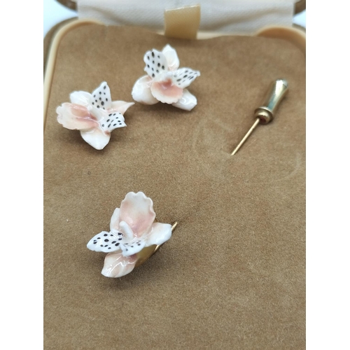 762 - Scruples Hand Painted Orchid Stick Pin and Earrings Set.