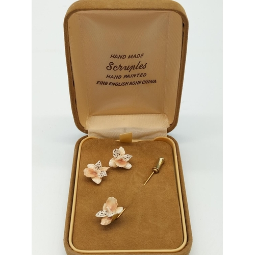 762 - Scruples Hand Painted Orchid Stick Pin and Earrings Set.