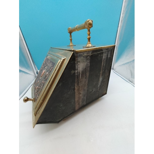 692 - Brass and Copper Front Coal Bucket with Liner. 37cm x 40cm x 26cm.