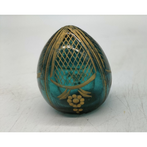 277 - Faberge Modern Blue Egg with Gold Gilt Design. 4cm Tall.