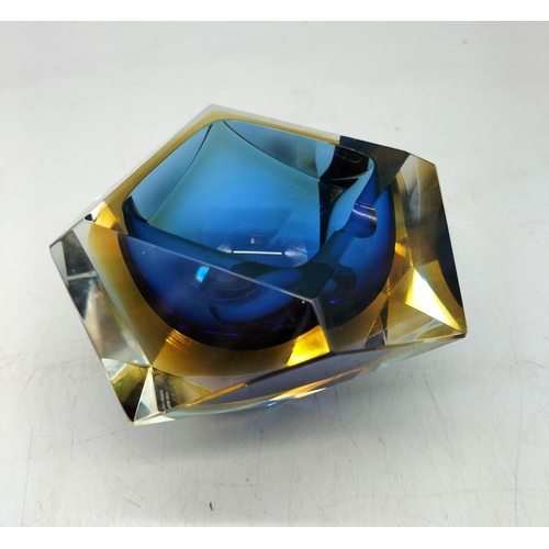 639 - Murano Glass Desk Paperweight/Ashtray with Blue and Yellow Sommerso Facets by Seguso 1970. 8cm High,... 