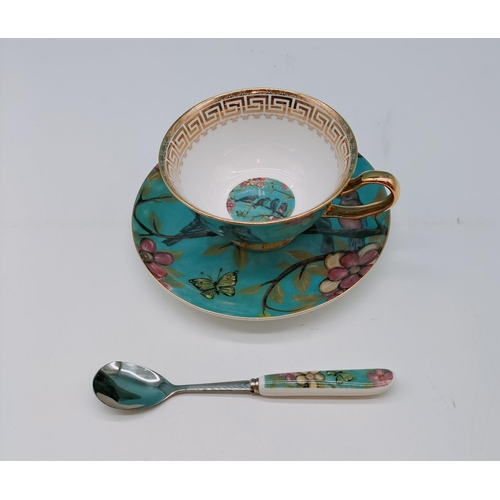 10 - Royal Classic Bone China Cabinet Cup, Saucer and Spoon in a Bird and Butterfly Design.