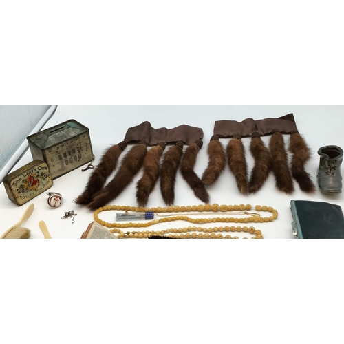 102 - Collection of Mixed Items to include Mink Tails, Brushes, Coins, Jewellery, Tins, etc.