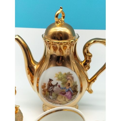 196 - Bondware Fine China 14 Piece Display Coffee Set, Gold with Neo Classical Design. Teapot 19cm Tall.