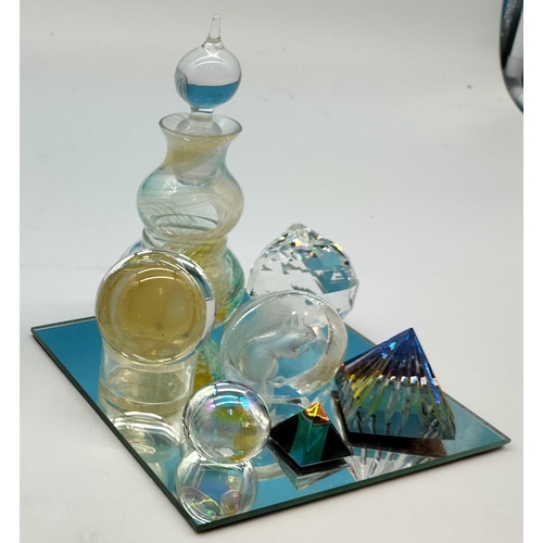 228 - Mirrored Tiles (2) with Collection of Glass Bottles, Paperweights, etc.