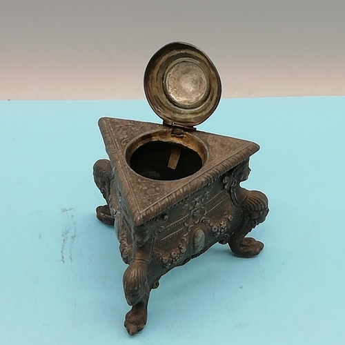 251 - Mid 19th Century Cast Metal Triangular Inkwell decorated in Gothic Style. 10cm x 10cm x10cm