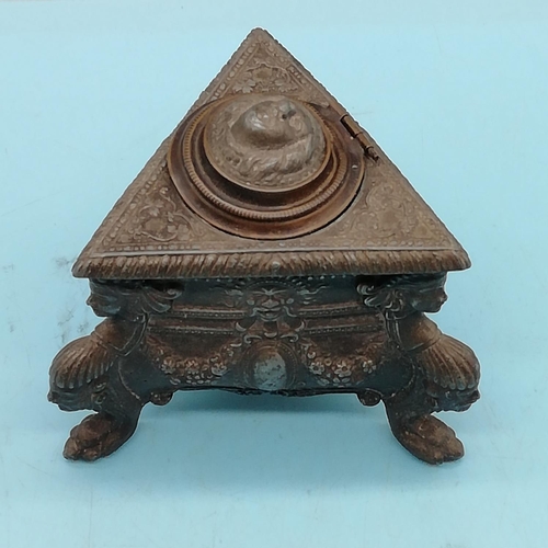 251 - Mid 19th Century Cast Metal Triangular Inkwell decorated in Gothic Style. 10cm x 10cm x10cm