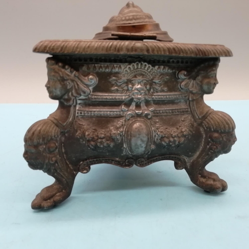 251 - Mid 19th Century Cast Metal Triangular Inkwell decorated in Gothic Style. 10cm x 10cm x10cm