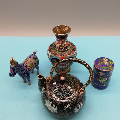 252 - 4 Pieces of Chinese Enamelled Ware to include Teapot, Vase, Goat and Trinket Box.