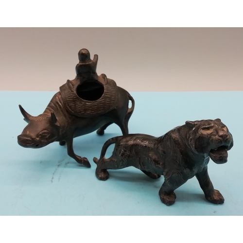 254 - Chinese Incense Burner Modelled as a Buffalo (9cm High) plus Chinese Cast Metal Figure of a Tiger. B... 