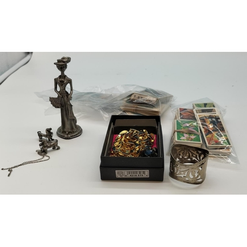 286 - Collection of Cigarette and Tea Cards, Figure of a Pewter Lady with Dogs plus Costume Jewellery.