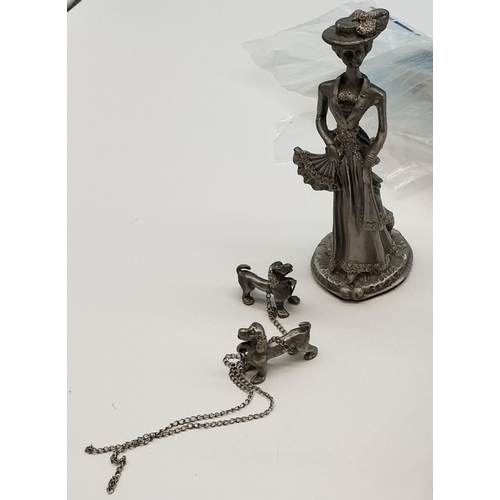 286 - Collection of Cigarette and Tea Cards, Figure of a Pewter Lady with Dogs plus Costume Jewellery.