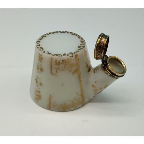 293 - Milk Glass Gold Gilt Design Inkwell with Clip Lid. 6cm High, 6cm Diameter Base.