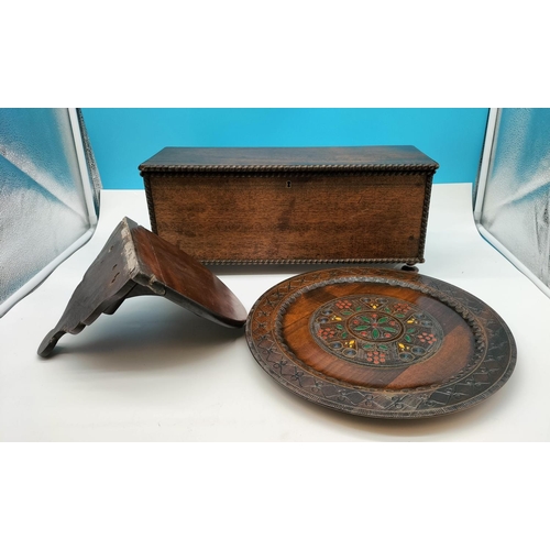 298 - Wooden Footed Box with Bobbin Edge (16cm x 19cm x 45cm), Polish Art 34cm Plaque plus Wall Hanging Ha... 