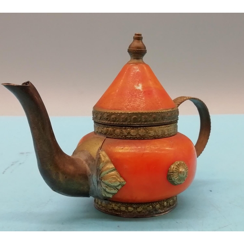 304 - Miniature Brass and Amber Look Teapot. 9cm Tall.