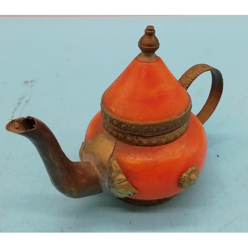 304 - Miniature Brass and Amber Look Teapot. 9cm Tall.