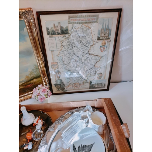 306 - Collection of Mixed Items to include Framed and Glazed 'Map of Staffordshire', Oil on Canvas, Silver... 