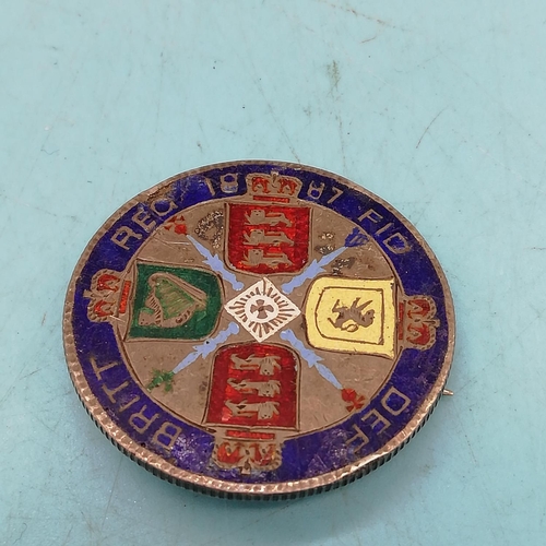 317 - Victorian Enamelled Florin Coin Brooch, Enamelled Badges (2) plus Vintage Tie Clip.