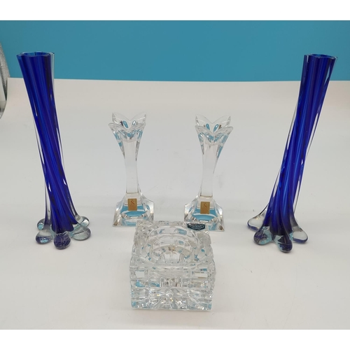 323 - Blue Glass 20cm Vases (2), Crystal Glass Candleholders (3) to include Nachtmann.