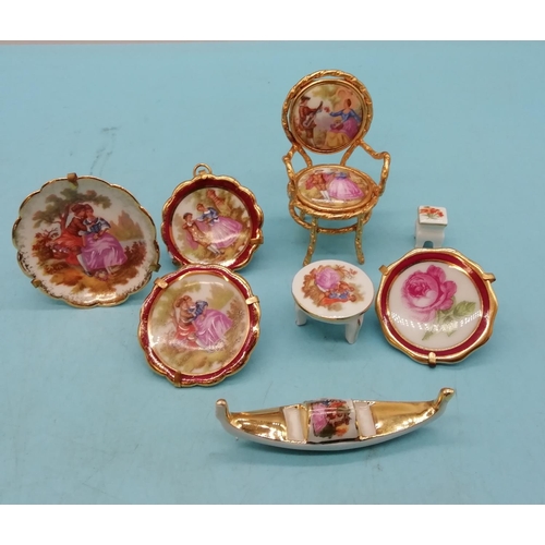 328 - Collection of Limoges Miniature Porcelain Ornaments to include a  7cm High Chair, Table & Stool, Gon... 