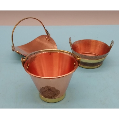 396 - Miniature 5cm Copper Ornaments (3) to include Bucket, Barrel and Trug.