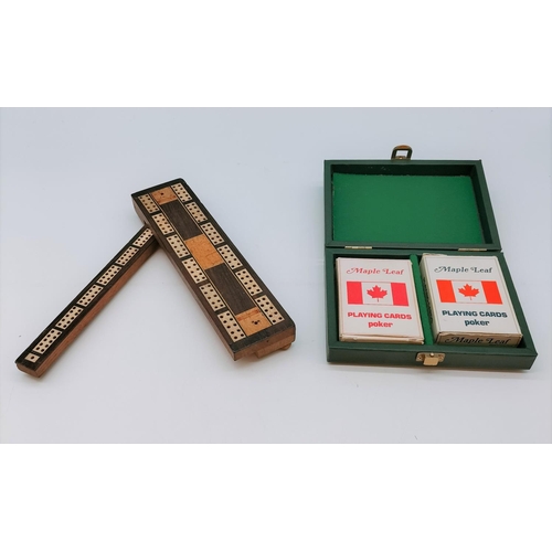 407 - 3 Section Crib Board plus Playing Cards. Board when Closed 24cm x 6cm.