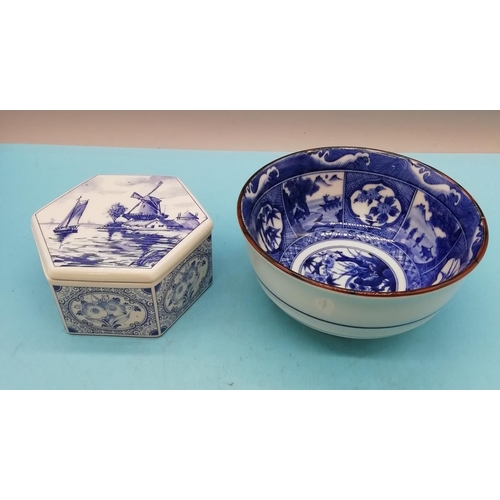 434 - Delft Blue Hexagonal Hand Painted Trinket Box plus Modern Blue and White Chinese Pattern Bowl (8cm H... 