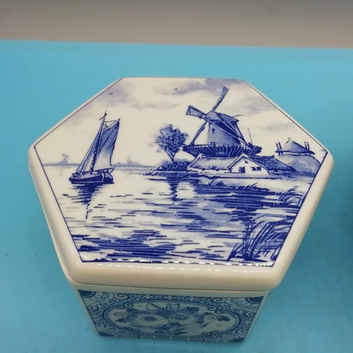 434 - Delft Blue Hexagonal Hand Painted Trinket Box plus Modern Blue and White Chinese Pattern Bowl (8cm H... 