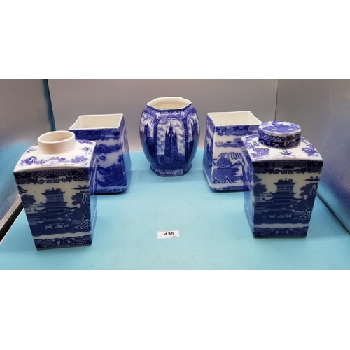 435 - Mailing Ware 'Rington's' Blue and White Tea Caddies (5). Tallest being 17cm. 1 Lid Missing and 1 A/F... 