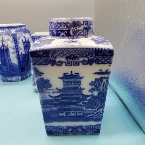 435 - Mailing Ware 'Rington's' Blue and White Tea Caddies (5). Tallest being 17cm. 1 Lid Missing and 1 A/F... 