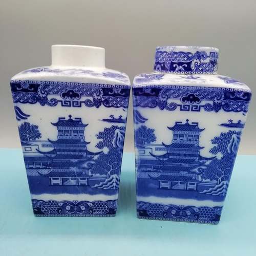 435 - Mailing Ware 'Rington's' Blue and White Tea Caddies (5). Tallest being 17cm. 1 Lid Missing and 1 A/F... 