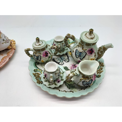 436 - 2 x Shudehill Miniature Pottery Floral/Butterfly Tea Sets on Trays.