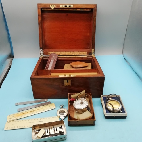 439 - Wooden Box containing Volt Meter, Rulers and other Instruments. Box measures 25cm x 22cm x 15cm.