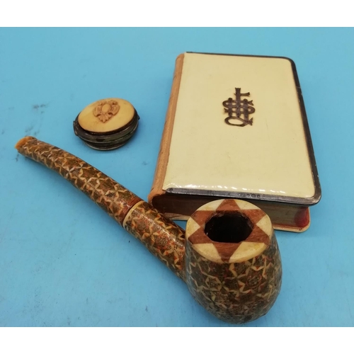 440 - Silver Edged Prayer Book, Old Bone Purse and Decorative Pipe.