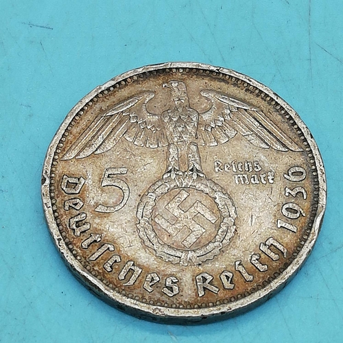 445 - 1936 German 5 Reichmark (3rd Reich) Silver Coin.