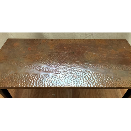 456 - Hammered Copper Topped oak Framed Coffee Table. 36cm high, 83cm x 37cm. Collection Only.