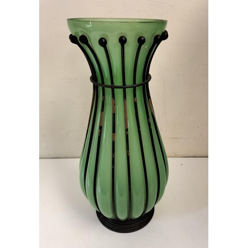 457 - Large 58cm Green Glass Vase/Umbrella Stand in Metal Frame. Collection Only.