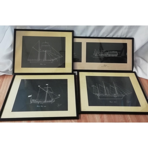 458 - 4 x Framed and Glazed Chalk on Paper Transport Themed Diagrams. Signed Phil Hare. Largest being 75cm... 