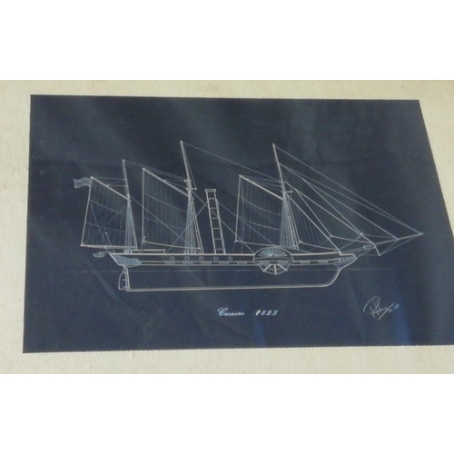 458 - 4 x Framed and Glazed Chalk on Paper Transport Themed Diagrams. Signed Phil Hare. Largest being 75cm... 