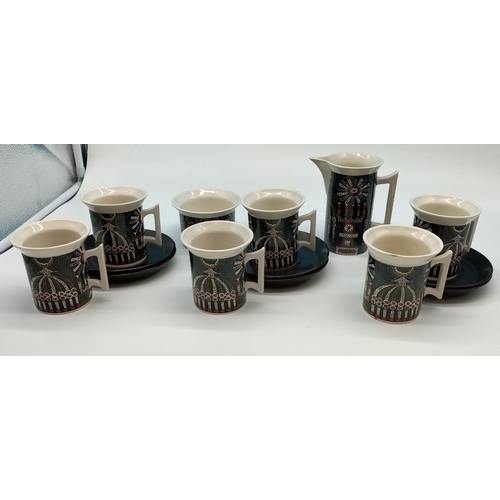 460 - Portmeirion 'Magic City' Coffee Cups and Saucers (6) plus Milk Jug and Sugar. Chip to 1 Saucer.