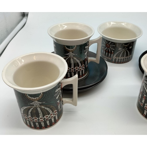 460 - Portmeirion 'Magic City' Coffee Cups and Saucers (6) plus Milk Jug and Sugar. Chip to 1 Saucer.